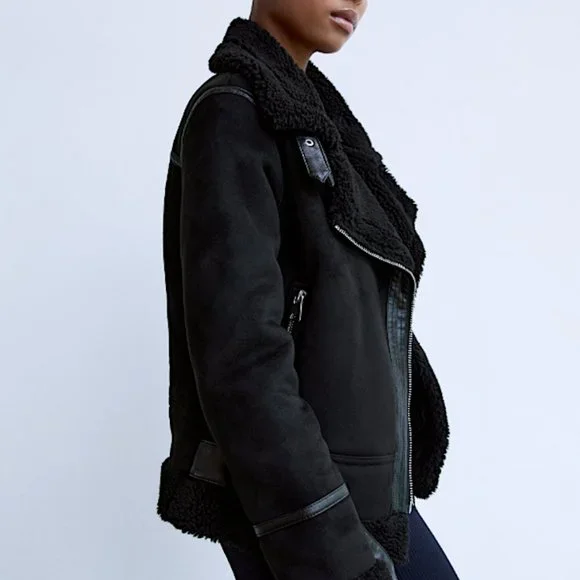 ZARA WOMEN BLACK DOUBLE FACED FAUX SUEDE MOTO JACKET SIZE XS NWT - Picture 5 of 12